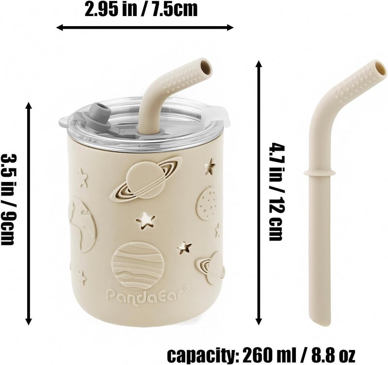 PandaEar 2 Pack Stainless Steel Toddler Cups with Lids & Silicone Sleeves | 8.8 oz Spill Proof Sippy Cups with Straw Stopper & Teething-Friendly Straws for Kids & Babies (Beige & Khaki) - Image 4
